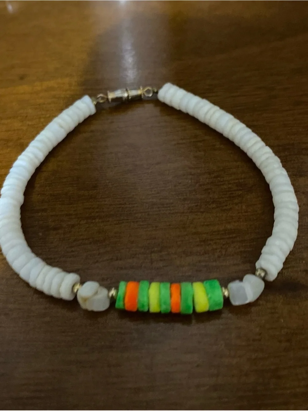 Puka Shell Bracelet with white, Neon Green, yellow & Orange Beads 8”